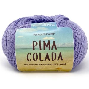 Skein of Pima Colada yarn in Iris colorway facing front with label showing