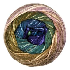 Top view of cake of Cumulus Rainbow yarn in colorway 214 - Peacock Feather