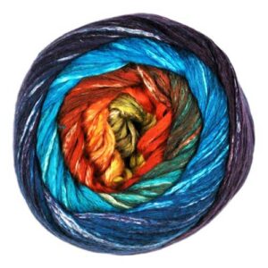 Top view of cake of Cumulus Rainbow yarn in colorway 213 - Island Coast