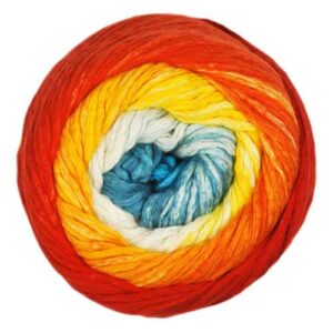 Top view of cake of Cumulus Rainbow yarn in colorway 211 - Tropical Sunset