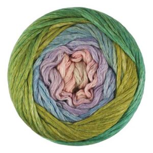 Top view of cake of Cumulus Rainbow yarn in colorway 205 - Lotus Flower