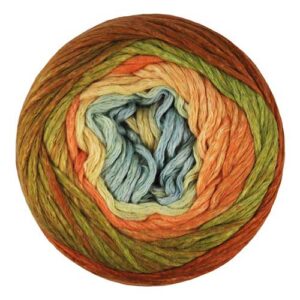 Top view of cake of Cumulus Rainbow yarn in colorway 203 - Desert Rose