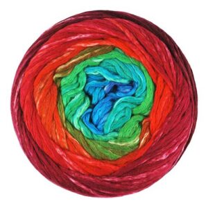 Top view of cake of Cumulus Rainbow yarn in colorway 202 - Great Reef