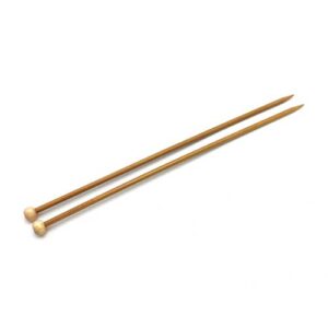A pair of 12 inch bamboo straight needles on a white background