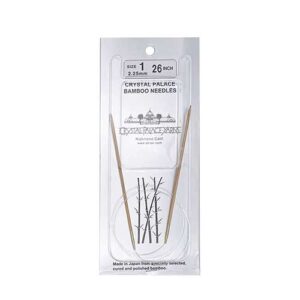 A size 1, 26 inch bamboo circular needle in its silver packaging