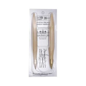 A size 19, 26 inch bamboo circular needle in its silver packaging