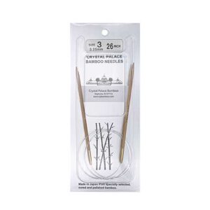 A size 3, 26 inch bamboo circular needle in its silver packaging