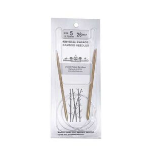A size 5, 26 inch bamboo circular needle in its silver packaging