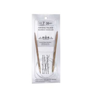 A size 7, 26 inch bamboo circular needle in its silver packaging
