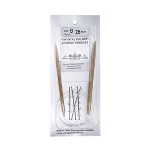 A size 8, 26 inch bamboo circular needle in its silver packaging