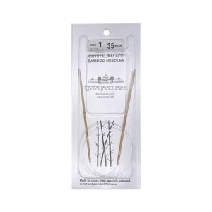 A size 1, 35 inch bamboo circular needle in its silver packaging