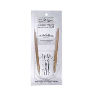 A size 10, 35 inch bamboo circular needle in its silver packaging