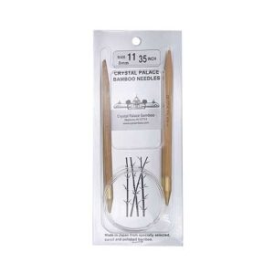 A size 11, 35 inch bamboo circular needle in its silver packaging