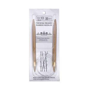 A size 13, 35 inch bamboo circular needle in its silver packaging