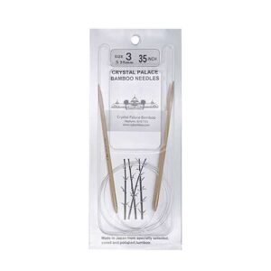 A size 3, 35 inch bamboo circular needle in its silver packaging