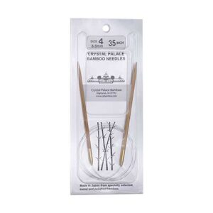 A size 4, 35 inch bamboo circular needle in its silver packaging
