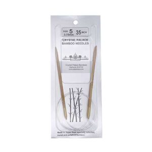 A size 5, 35 inch bamboo circular needle in its silver packaging