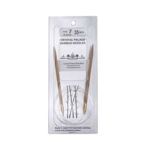 A size 7, 35 inch bamboo circular needle in its silver packaging