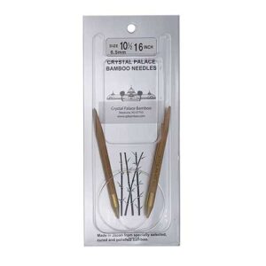 A size 10.5, 16 inch bamboo circular needle in its silver packaging