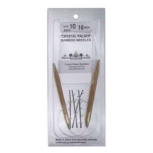 A size 10, 16 inch bamboo circular needle in its silver packaging