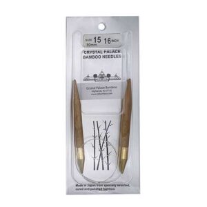 A size 15, 16 inch bamboo circular needle in its silver packaging