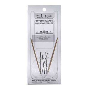 A size 1, 16 inch bamboo circular needle in its silver packaging
