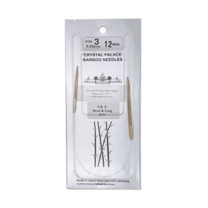 A size 3, 12 inch bamboo circular needle in its silver packaging