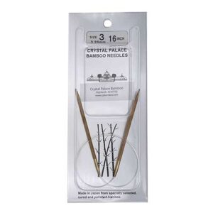 A size 3, 16 inch bamboo circular needle in its silver packaging