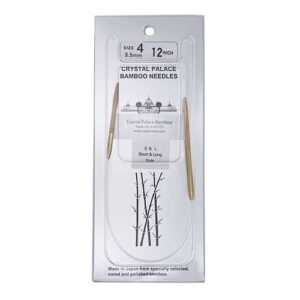 A size 4, 12 inch bamboo circular needle in its silver packaging