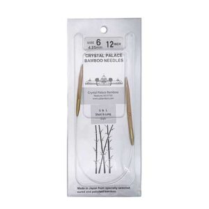 A size 6, 12 inch bamboo circular needle in its silver packaging