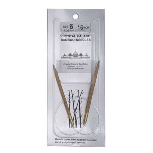 A size 6, 16 inch bamboo circular needle in its silver packaging
