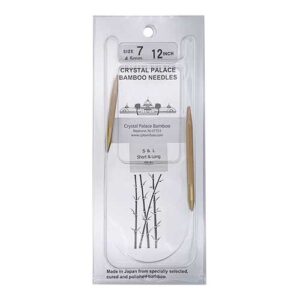A size 7, 12 inch bamboo circular needle in its silver packaging