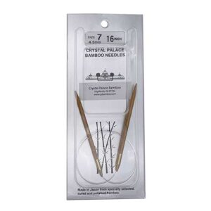A size 7, 16 inch bamboo circular needle in its silver packaging